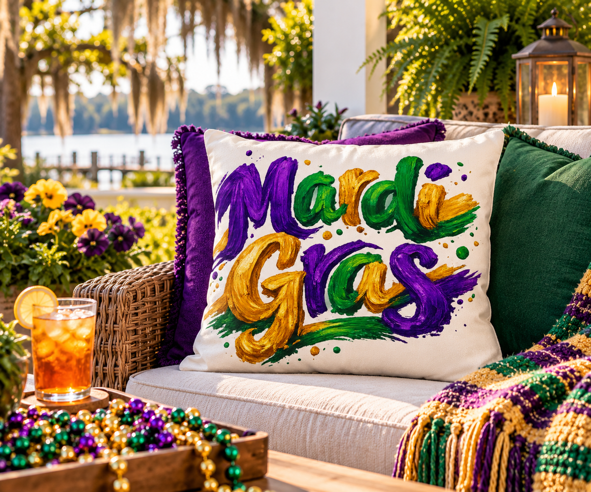 Mardi Gras Outdoor Pillow, Purple Green Gold Patio Decor, Louisiana Festive Cushion, Porch Party Decor