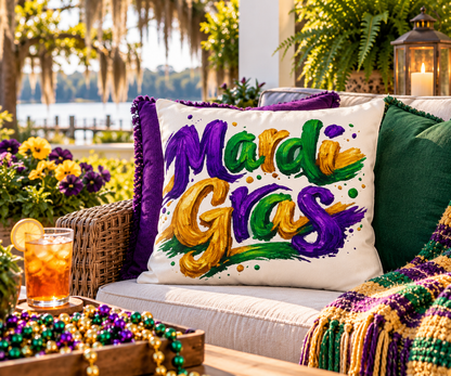 Mardi Gras Outdoor Pillow, Purple Green Gold Patio Decor, Louisiana Festive Cushion, Porch Party Decor