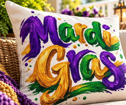 Mardi Gras Outdoor Pillow, Purple Green Gold Patio Decor, Louisiana Festive Cushion, Porch Party Decor
