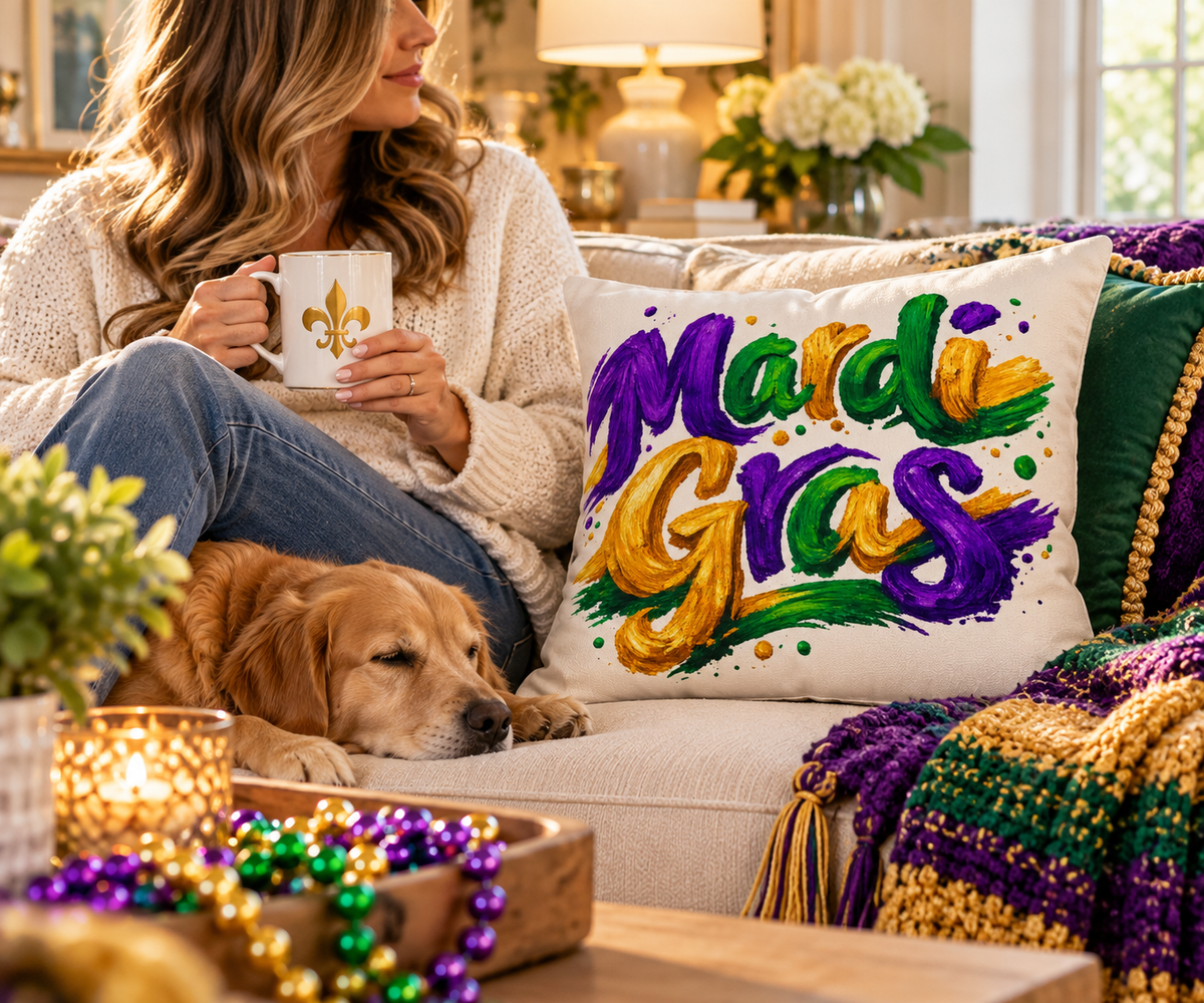 Mardi Gras Outdoor Pillow, Purple Green Gold Patio Decor, Louisiana Festive Cushion, Porch Party Decor
