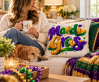 Mardi Gras Outdoor Pillow, Purple Green Gold Patio Decor, Louisiana Festive Cushion, Porch Party Decor