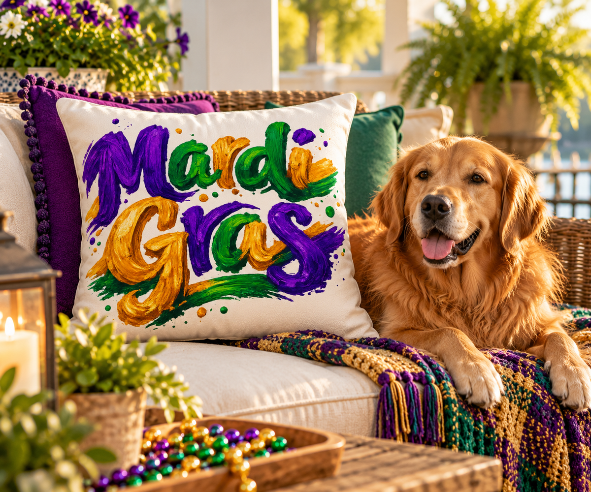Mardi Gras Outdoor Pillow, Purple Green Gold Patio Decor, Louisiana Festive Cushion, Porch Party Decor