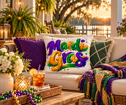 Mardi Gras Outdoor Pillow, Purple Green Gold Patio Decor, Louisiana Festive Cushion, Porch Party Decor