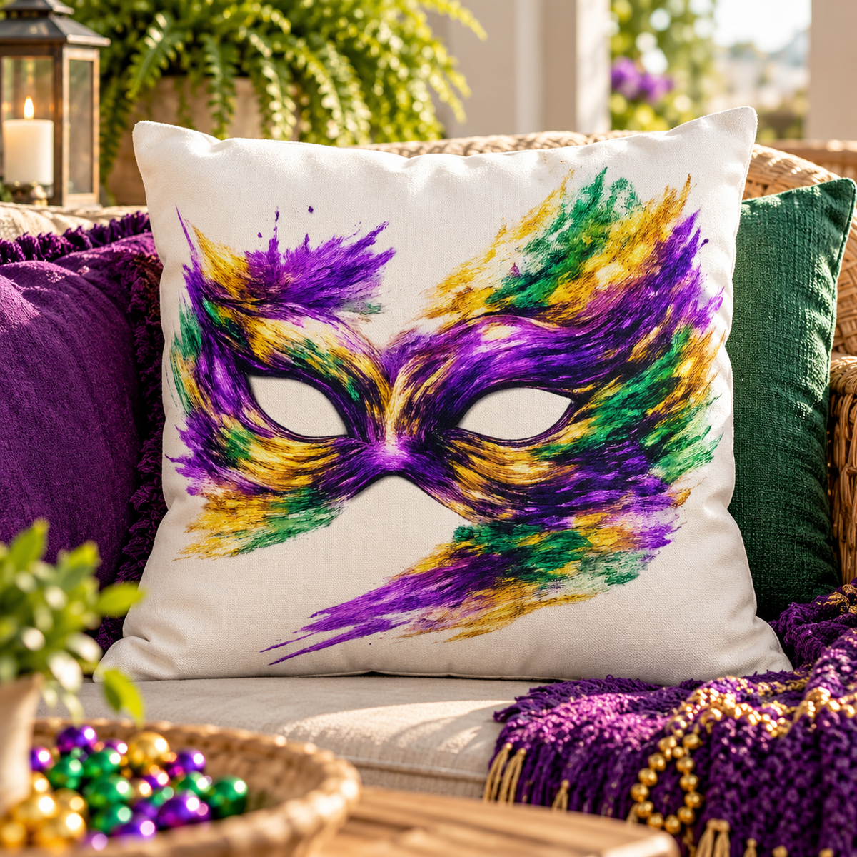 Mardi Gras Mask Outdoor Pillow - Purple Green Gold Decorative Pillow