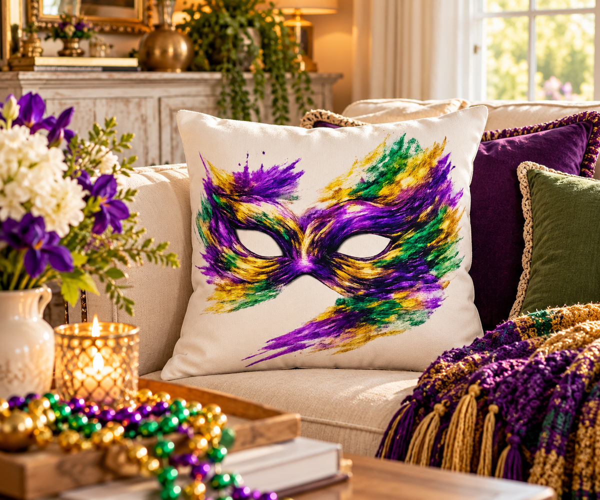Mardi Gras Mask Outdoor Pillow - Purple Green Gold Decorative Pillow