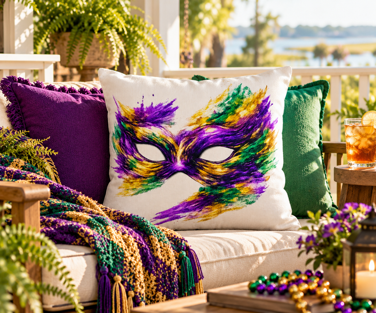 Mardi Gras Mask Outdoor Pillow - Purple Green Gold Decorative Pillow