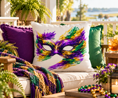 Mardi Gras Mask Outdoor Pillow - Purple Green Gold Decorative Pillow