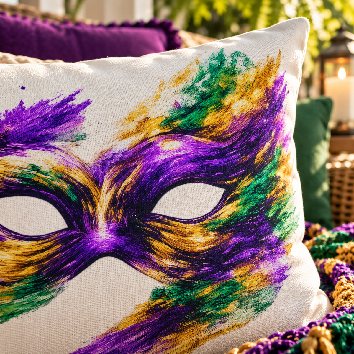 Mardi Gras Mask Outdoor Pillow - Purple Green Gold Decorative Pillow