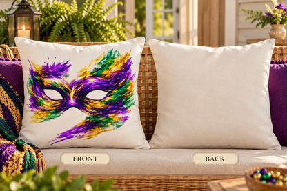 Mardi Gras Mask Outdoor Pillow - Purple Green Gold Decorative Pillow