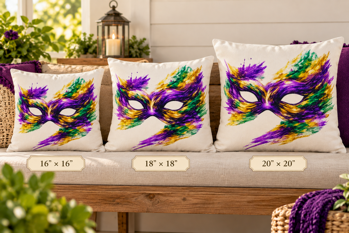 Mardi Gras Mask Outdoor Pillow - Purple Green Gold Decorative Pillow