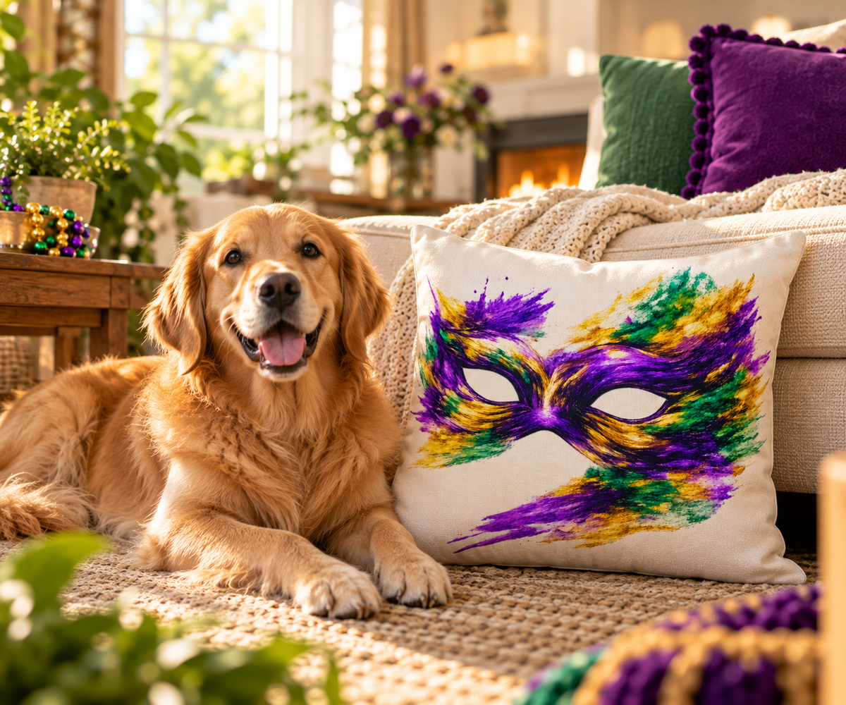 Mardi Gras Mask Outdoor Pillow - Purple Green Gold Decorative Pillow
