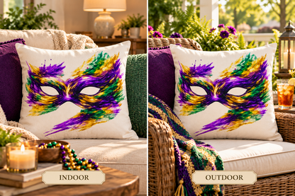 Mardi Gras Mask Outdoor Pillow - Purple Green Gold Decorative Pillow