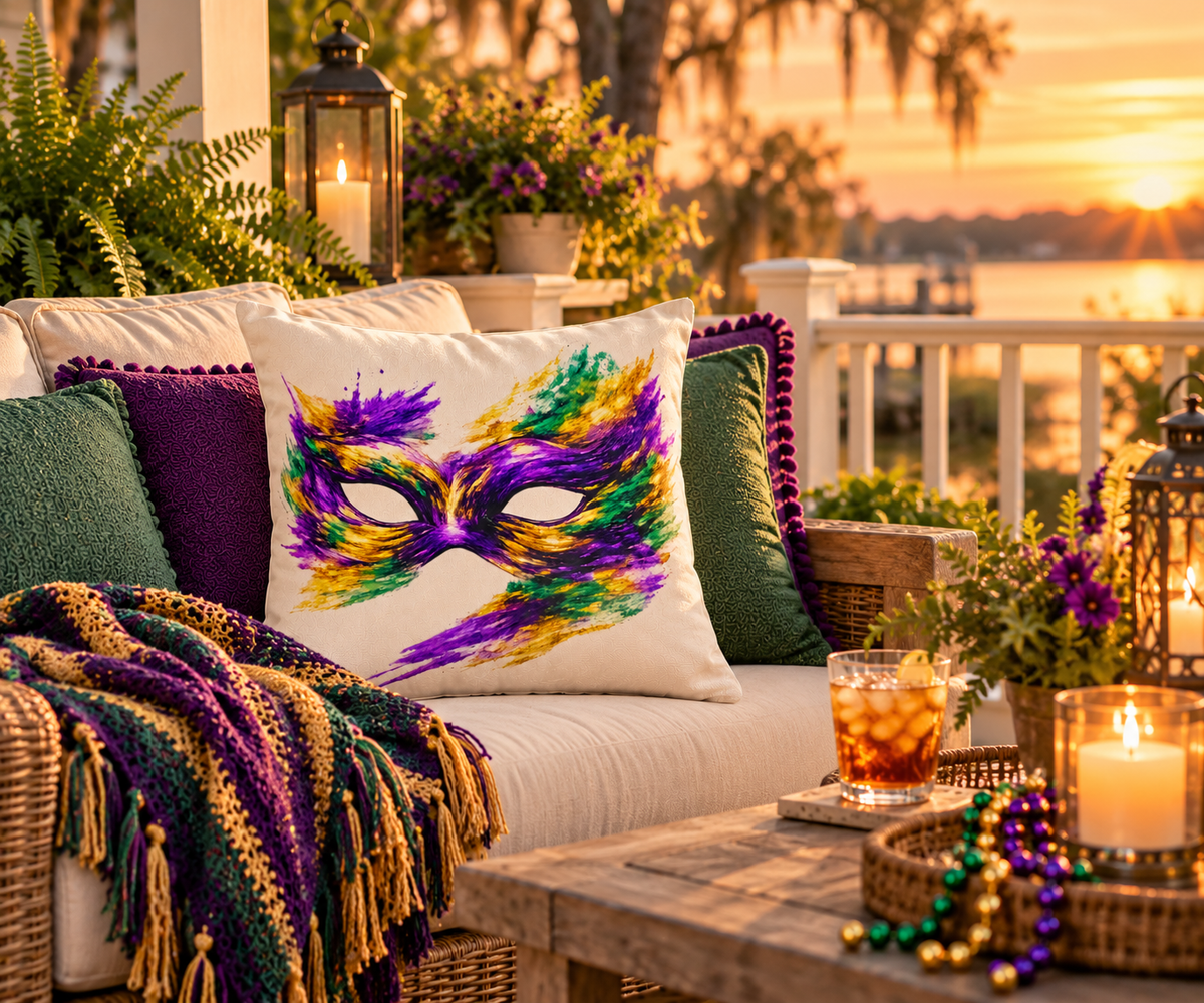 Mardi Gras Mask Outdoor Pillow - Purple Green Gold Decorative Pillow