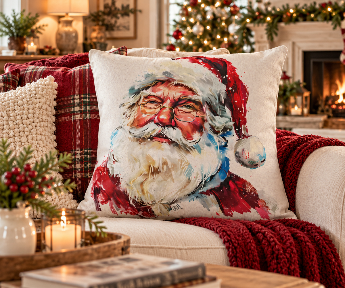 Santa Claus Holiday Outdoor Pillow — Festive Watercolor Santa Throw Cushion