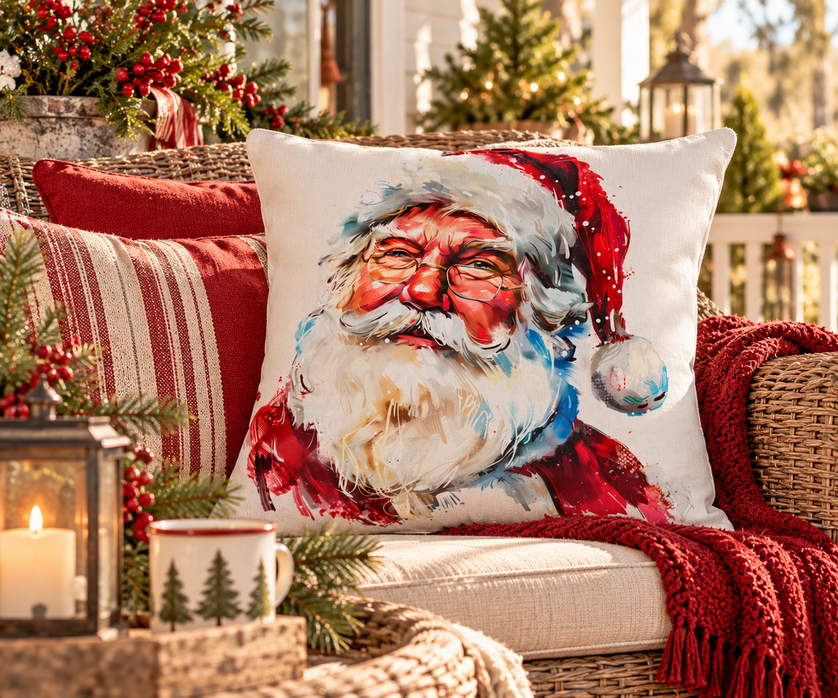 Santa Claus Holiday Outdoor Pillow — Festive Watercolor Santa Throw Cushion