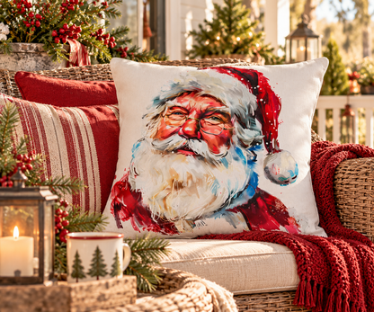 Santa Claus Holiday Outdoor Pillow — Festive Watercolor Santa Throw Cushion