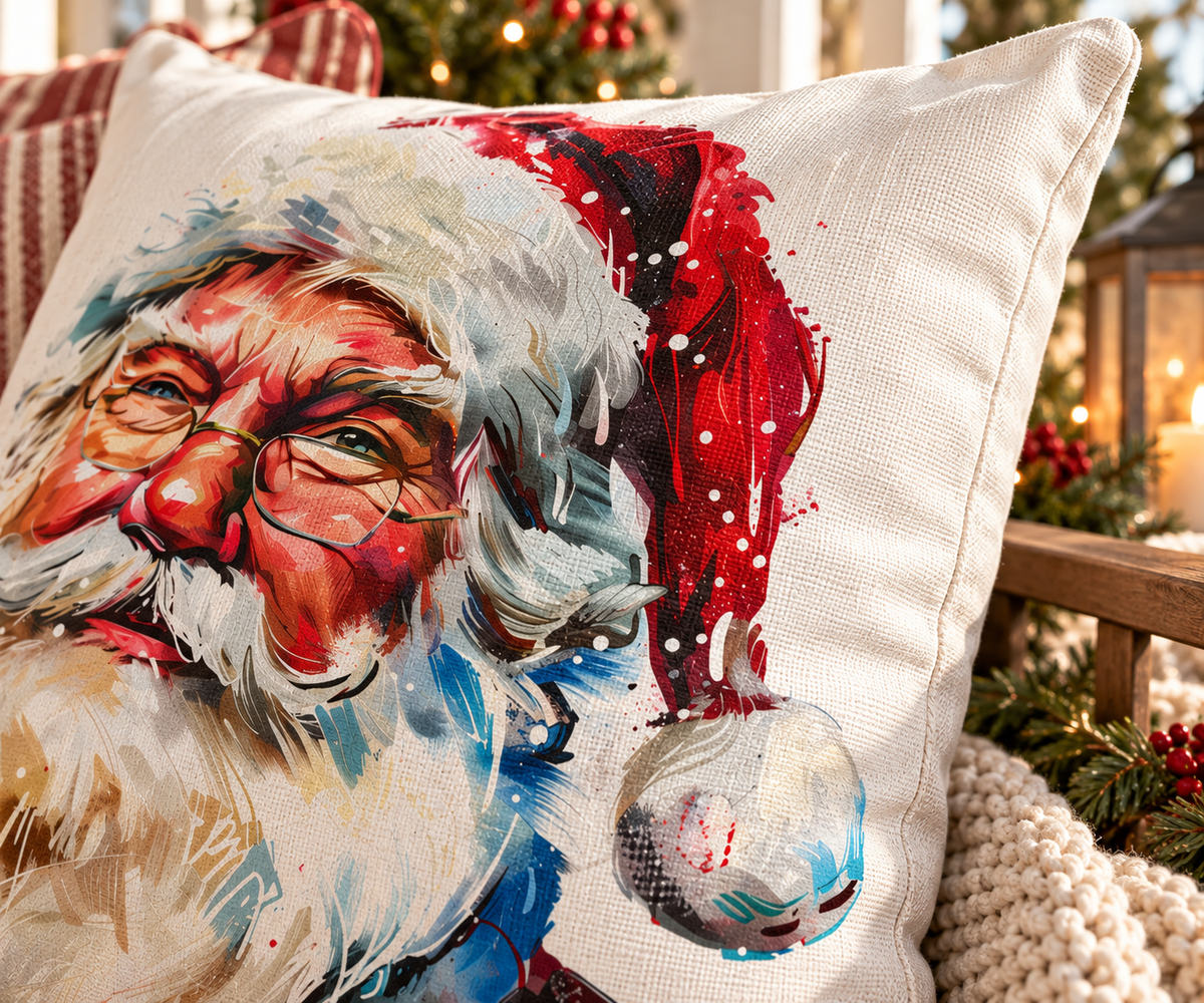 Santa Claus Holiday Outdoor Pillow — Festive Watercolor Santa Throw Cushion