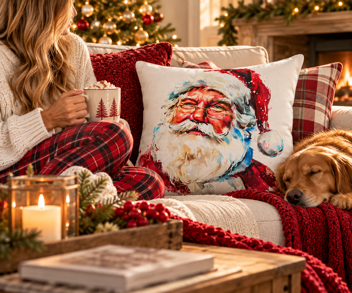 Santa Claus Holiday Outdoor Pillow — Festive Watercolor Santa Throw Cushion