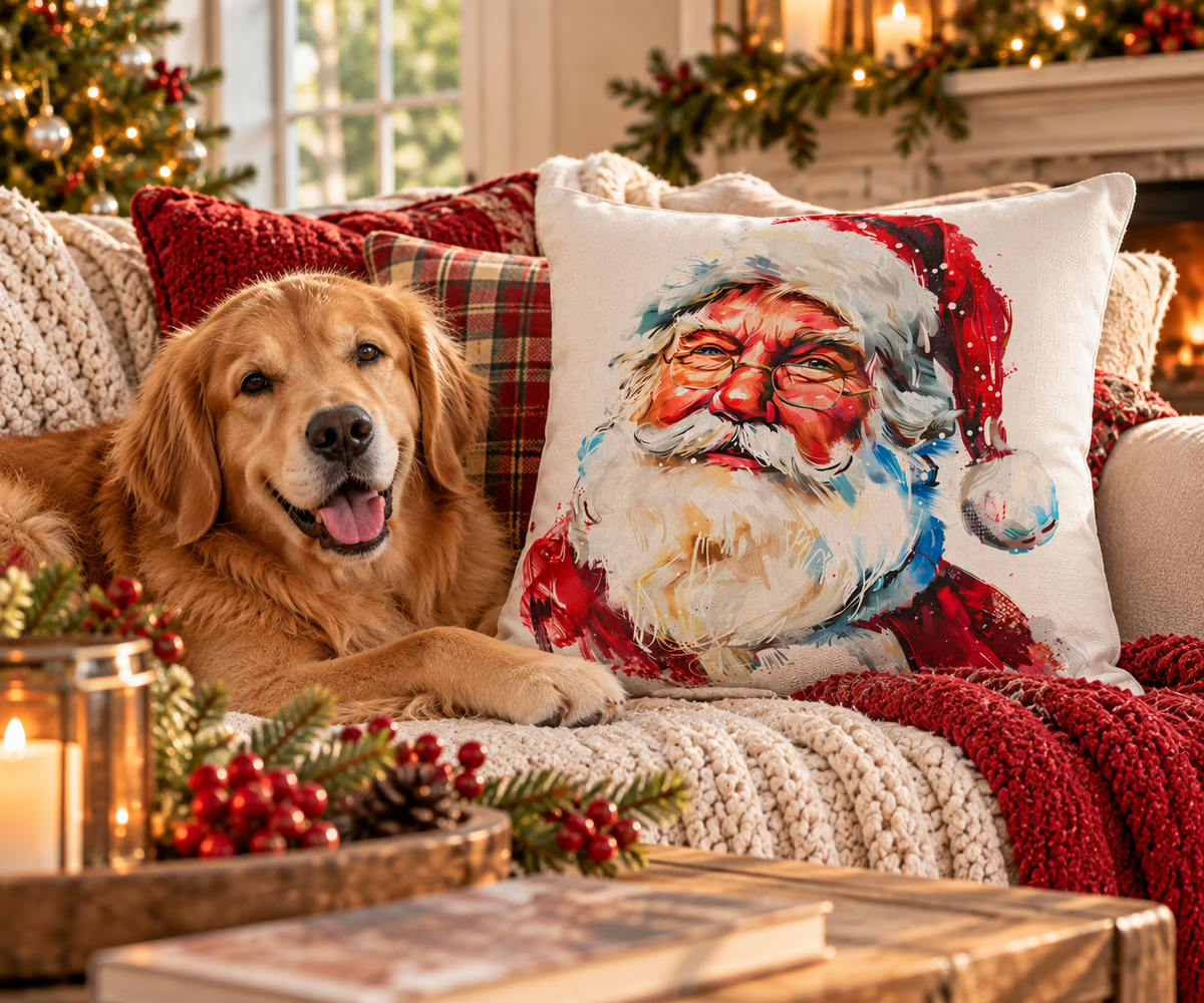 Santa Claus Holiday Outdoor Pillow — Festive Watercolor Santa Throw Cushion