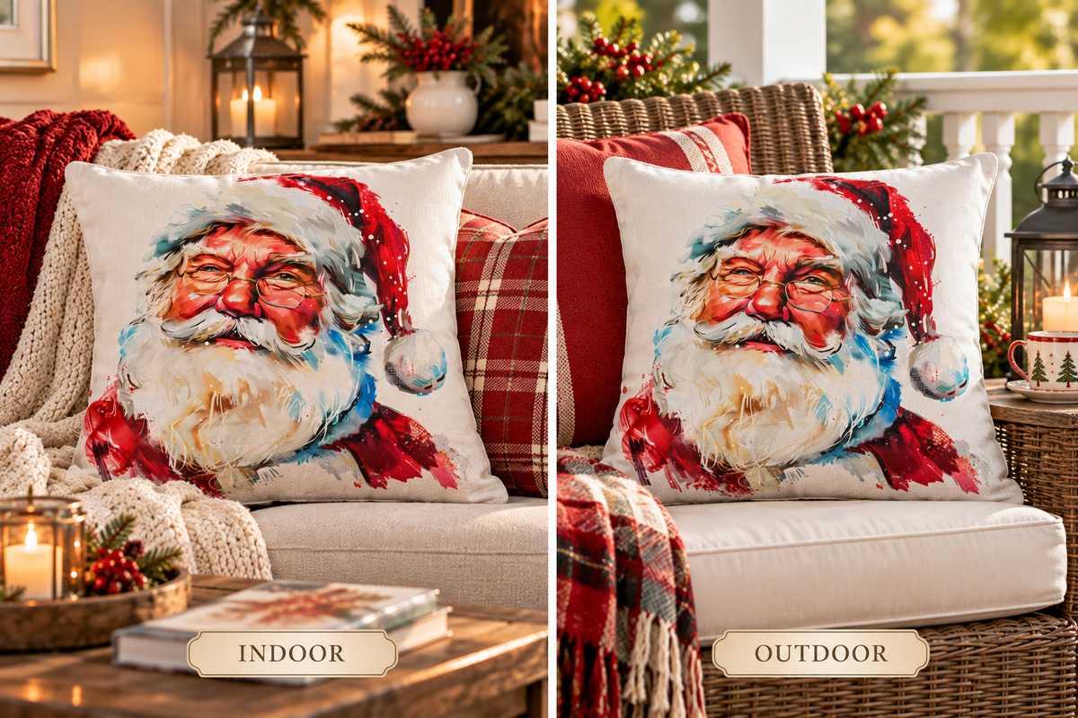 Santa Claus Holiday Outdoor Pillow — Festive Watercolor Santa Throw Cushion