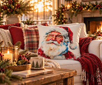 Santa Claus Holiday Outdoor Pillow — Festive Watercolor Santa Throw Cushion