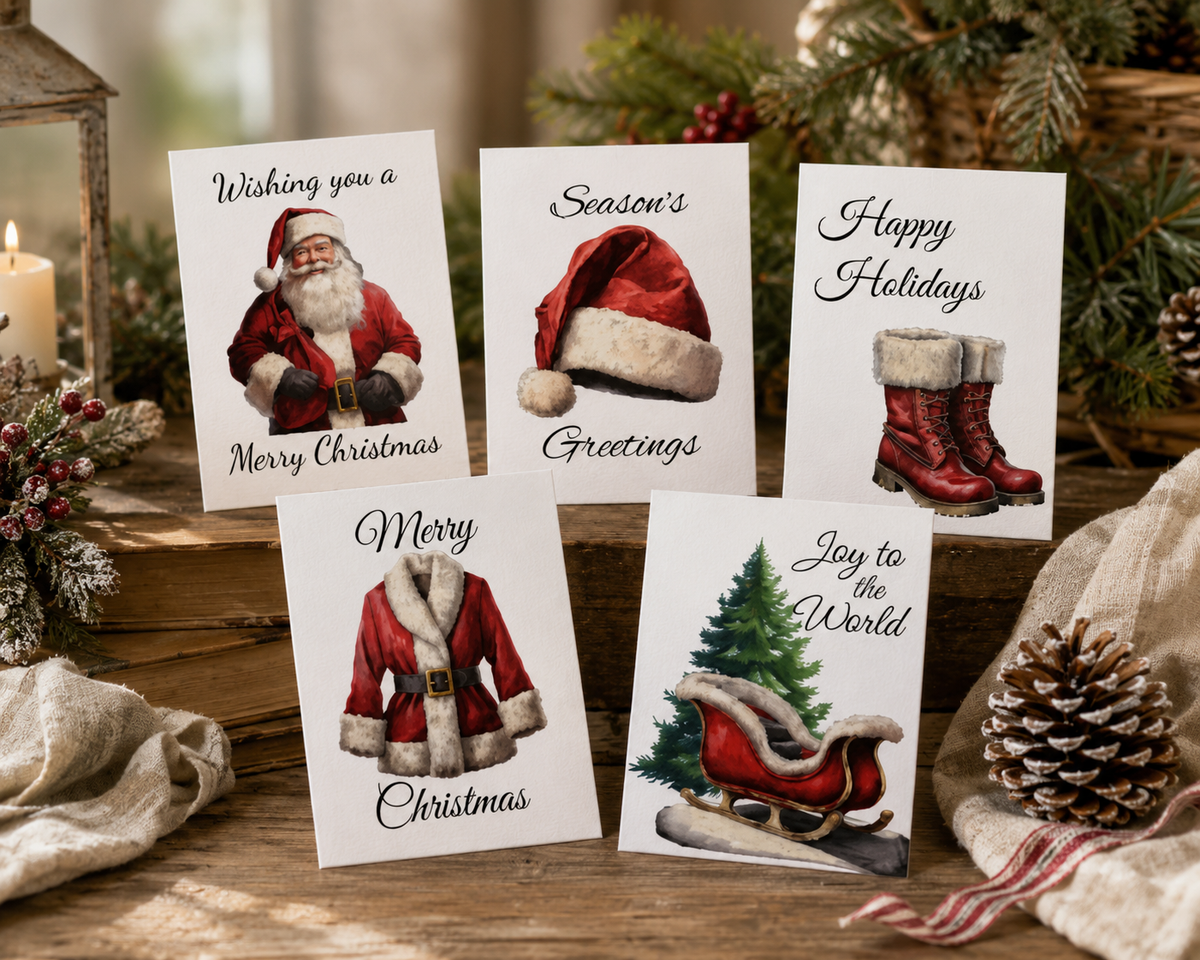 Festive Holiday Greeting Cards 5-Pack — Merry Christmas, Happy Holidays, Season&