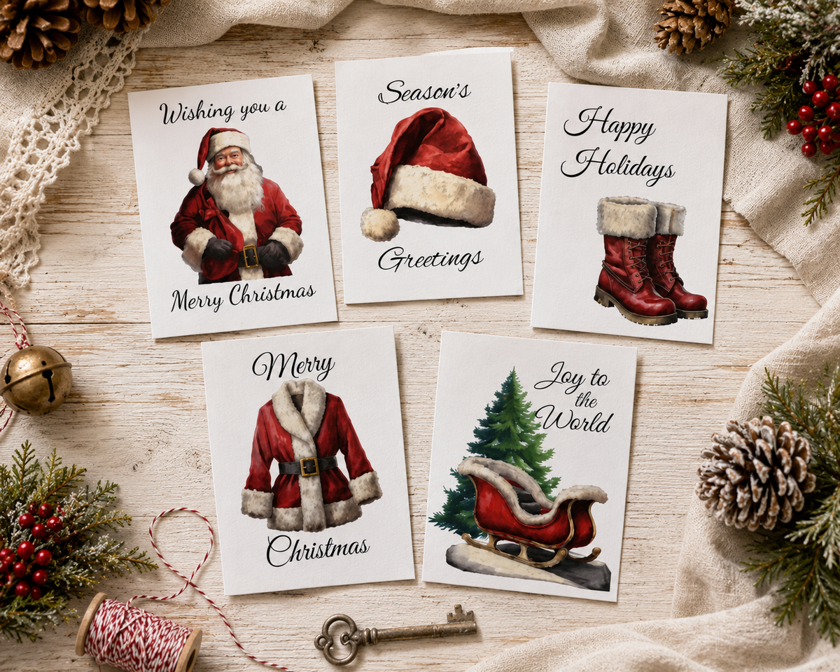 Festive Holiday Greeting Cards 5-Pack — Merry Christmas, Happy Holidays, Season&