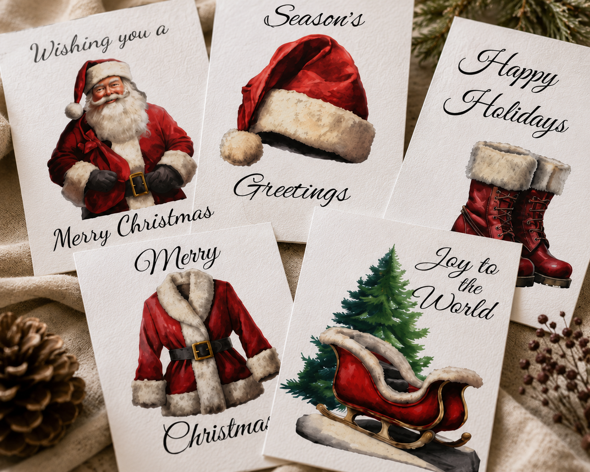 Festive Holiday Greeting Cards 5-Pack — Merry Christmas, Happy Holidays, Season&