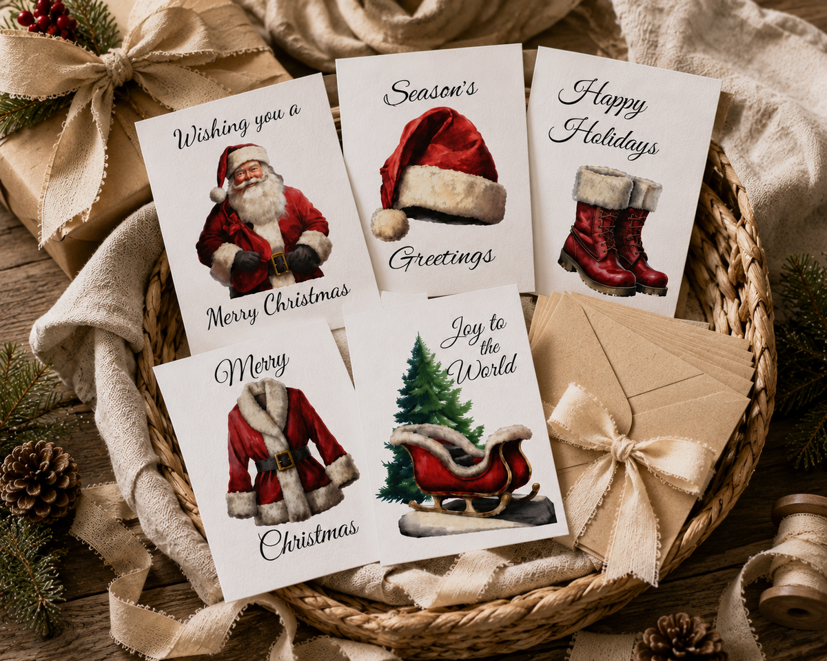 Festive Holiday Greeting Cards 5-Pack — Merry Christmas, Happy Holidays, Season&