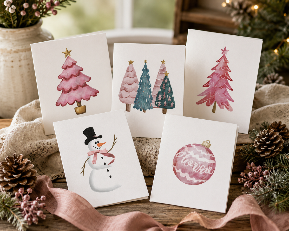 Festive Holiday Greeting Cards (5-Pack) — Pink Trees, Pink Ornament &amp; Snowman with Pink Scarf