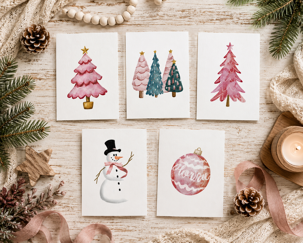 Festive Holiday Greeting Cards (5-Pack) — Pink Trees, Pink Ornament &amp; Snowman with Pink Scarf