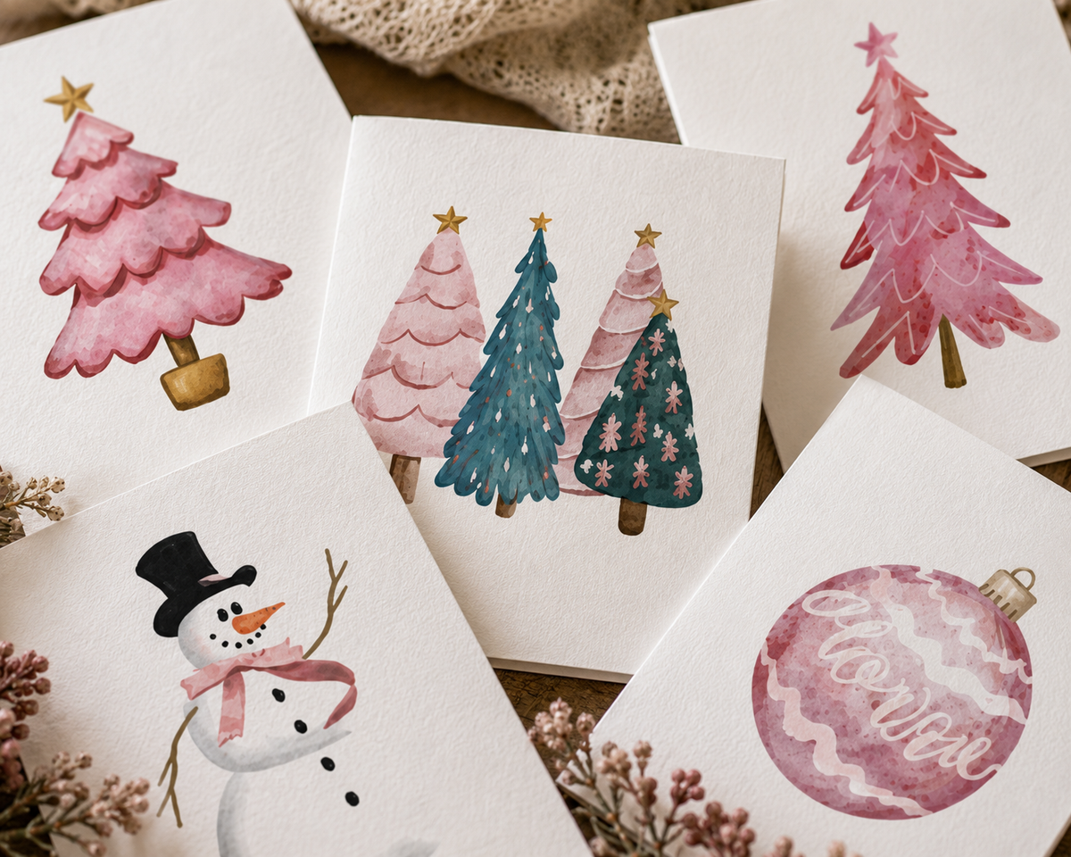 Festive Holiday Greeting Cards (5-Pack) — Pink Trees, Pink Ornament &amp; Snowman with Pink Scarf