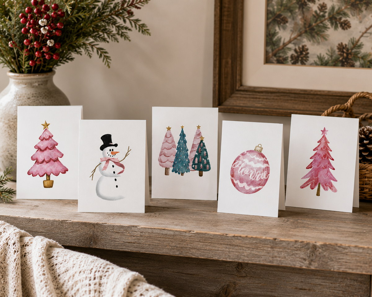 Festive Holiday Greeting Cards (5-Pack) — Pink Trees, Pink Ornament &amp; Snowman with Pink Scarf