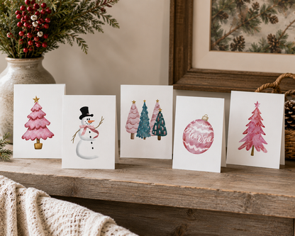 Festive Holiday Greeting Cards (5-Pack) — Pink Trees, Pink Ornament &amp; Snowman with Pink Scarf