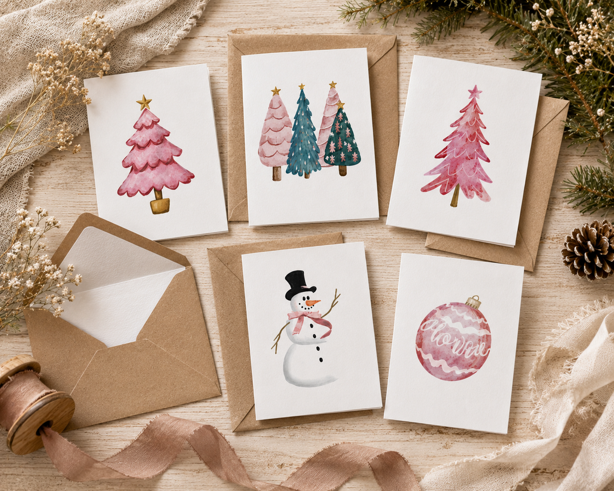 Festive Holiday Greeting Cards (5-Pack) — Pink Trees, Pink Ornament &amp; Snowman with Pink Scarf