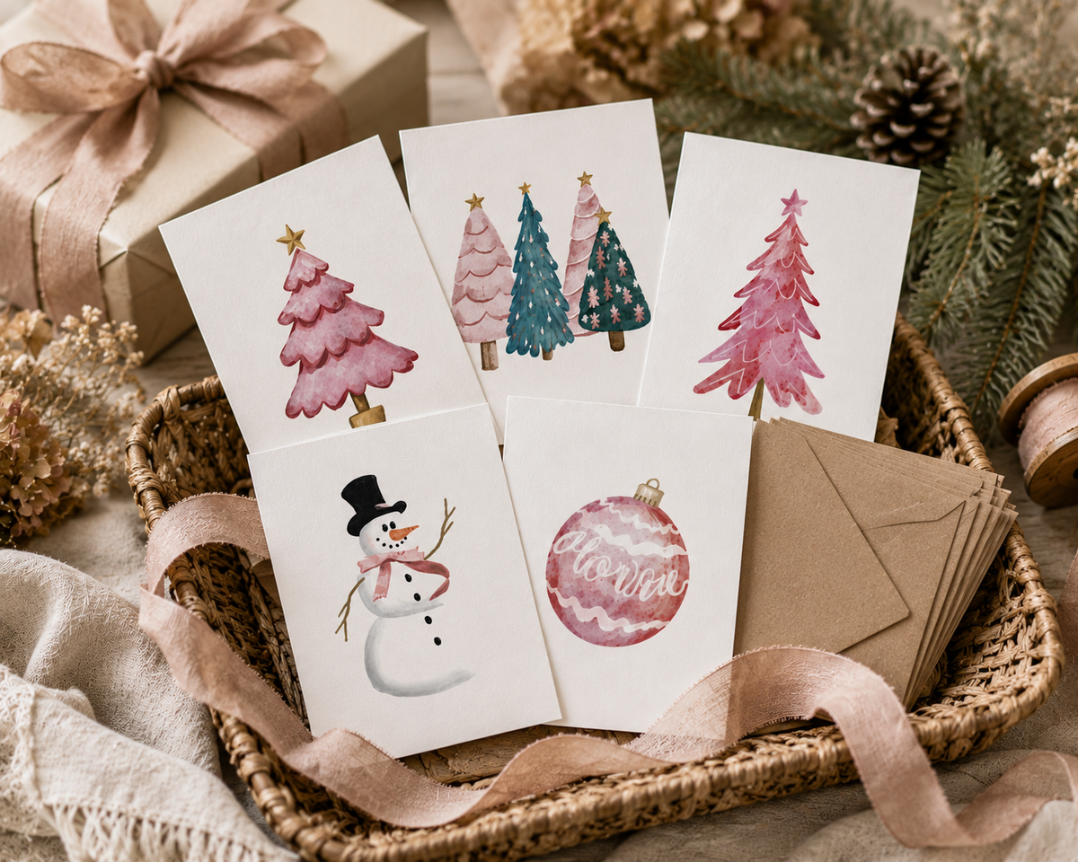 Festive Holiday Greeting Cards (5-Pack) — Pink Trees, Pink Ornament &amp; Snowman with Pink Scarf