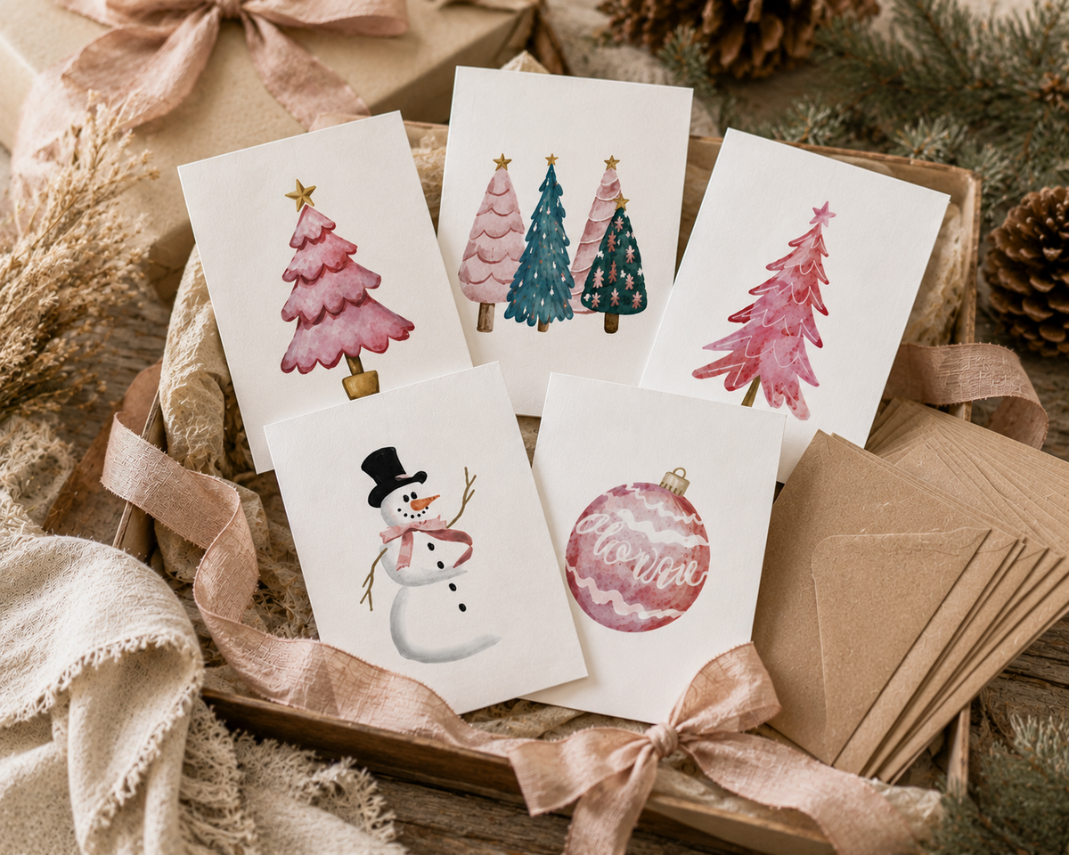 Festive Holiday Greeting Cards (5-Pack) — Pink Trees, Pink Ornament &amp; Snowman with Pink Scarf