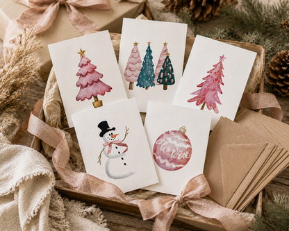 Festive Holiday Greeting Cards (5-Pack) — Pink Trees, Pink Ornament &amp; Snowman with Pink Scarf