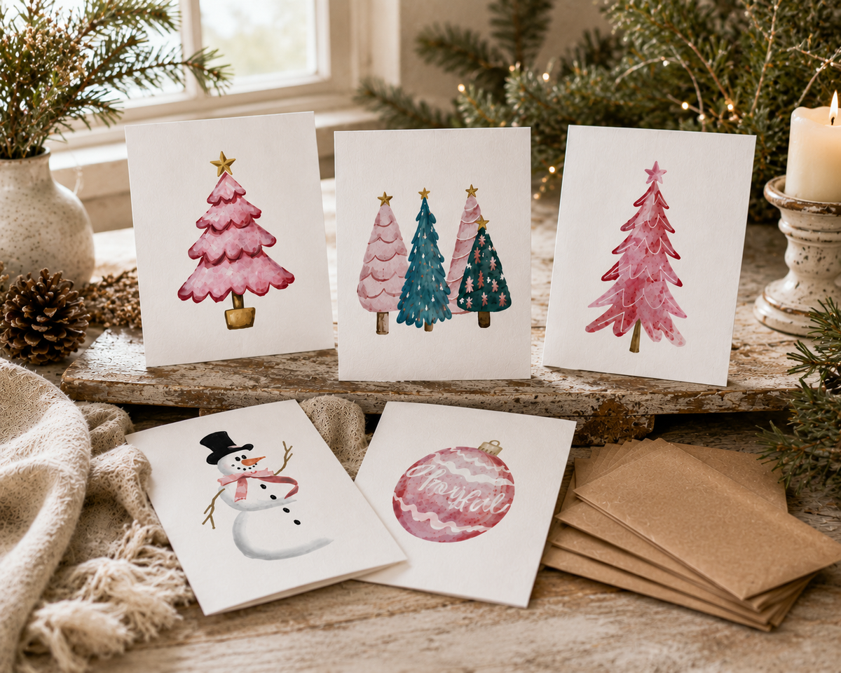 Festive Holiday Greeting Cards (5-Pack) — Pink Trees, Pink Ornament &amp; Snowman with Pink Scarf