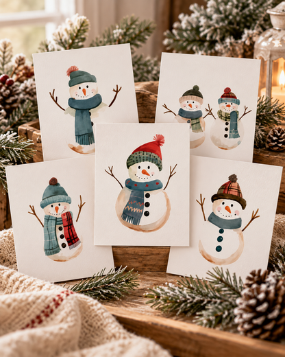Whimsical Snowman Greeting Cards, Seasonal Holiday Cards, Winter Greetings, Festive Note Cards, Christmas Card Set, Cute Snowman Art