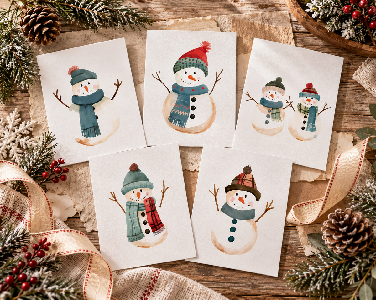 Whimsical Snowman Greeting Cards, Seasonal Holiday Cards, Winter Greetings, Festive Note Cards, Christmas Card Set, Cute Snowman Art