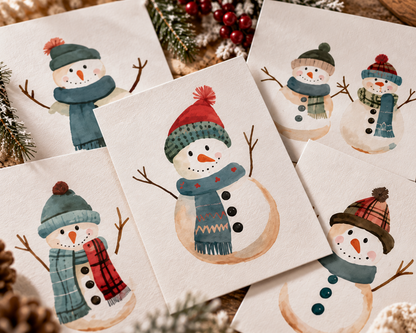 Whimsical Snowman Greeting Cards, Seasonal Holiday Cards, Winter Greetings, Festive Note Cards, Christmas Card Set, Cute Snowman Art