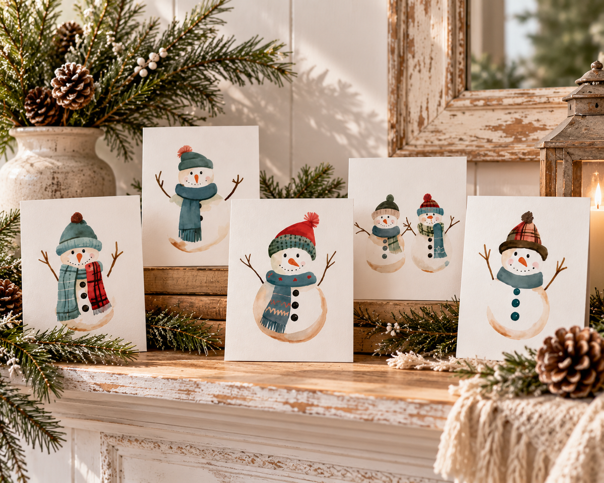 Whimsical Snowman Greeting Cards, Seasonal Holiday Cards, Winter Greetings, Festive Note Cards, Christmas Card Set, Cute Snowman Art