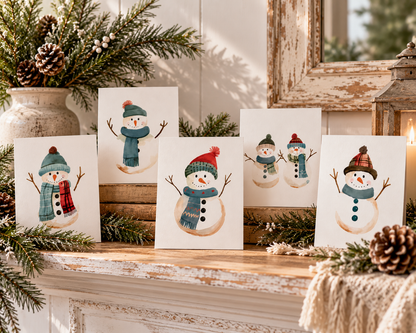 Whimsical Snowman Greeting Cards, Seasonal Holiday Cards, Winter Greetings, Festive Note Cards, Christmas Card Set, Cute Snowman Art