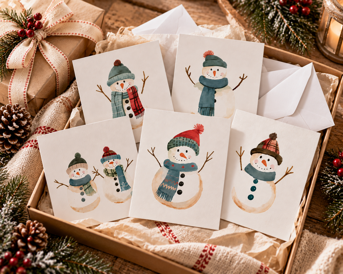 Whimsical Snowman Greeting Cards, Seasonal Holiday Cards, Winter Greetings, Festive Note Cards, Christmas Card Set, Cute Snowman Art
