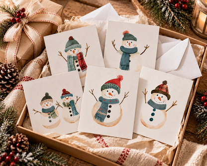 Whimsical Snowman Greeting Cards, Seasonal Holiday Cards, Winter Greetings, Festive Note Cards, Christmas Card Set, Cute Snowman Art