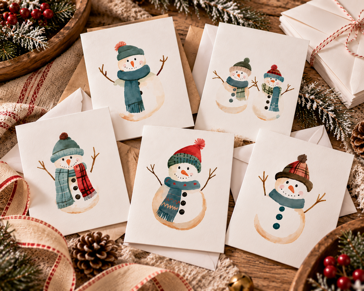 Whimsical Snowman Greeting Cards, Seasonal Holiday Cards, Winter Greetings, Festive Note Cards, Christmas Card Set, Cute Snowman Art