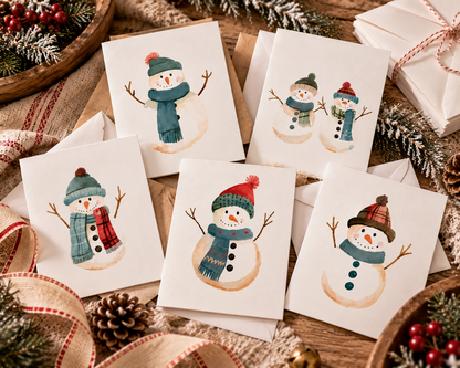 Whimsical Snowman Greeting Cards, Seasonal Holiday Cards, Winter Greetings, Festive Note Cards, Christmas Card Set, Cute Snowman Art