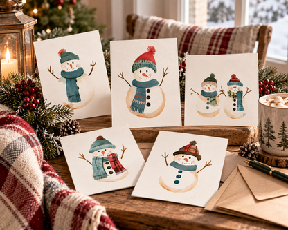 Whimsical Snowman Greeting Cards, Seasonal Holiday Cards, Winter Greetings, Festive Note Cards, Christmas Card Set, Cute Snowman Art