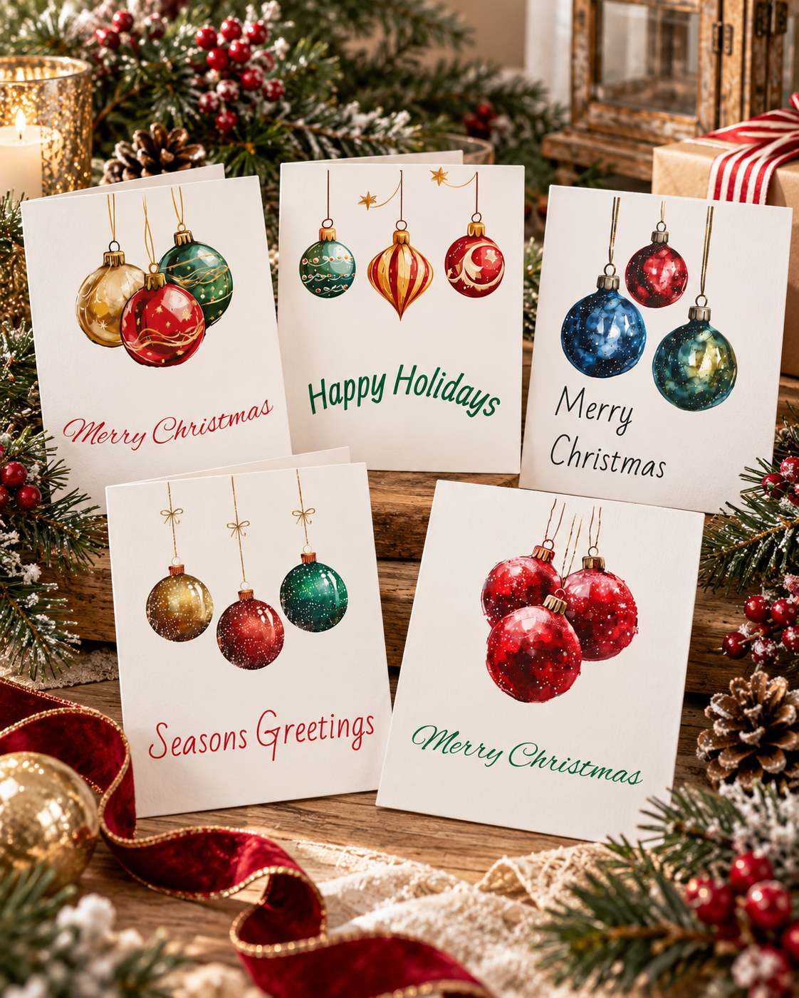 Charming Holiday Greeting Cards Set, Festive Cards for Christmas, Blank Note Cards, Seasonal Greetings, Colorful Ornaments